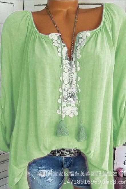 Women Blouse V-Neck Off Shoulder Long Sleeve Lace Patchwork Plus Size Top Shirt pale green