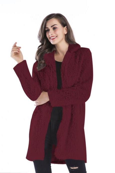 Women Faux Fur Long Coat Turn-Down Collar Winter Female Warm Furry Trench Jacket Outwear burgundy