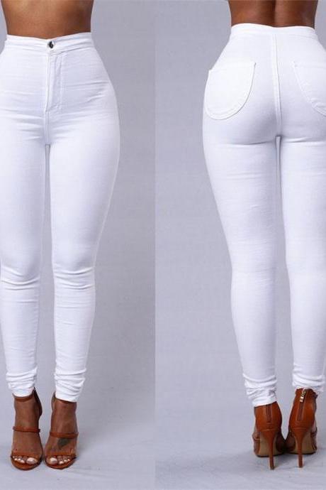  Women Pencil Pants Candy High Waist Casual Slim Female Stretch Skinny Trousers off white