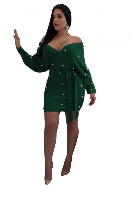 Women Bodycon Dress Pearls Off Shoulder Long Sleeve Backless Wrap Mini Club Party Dress green