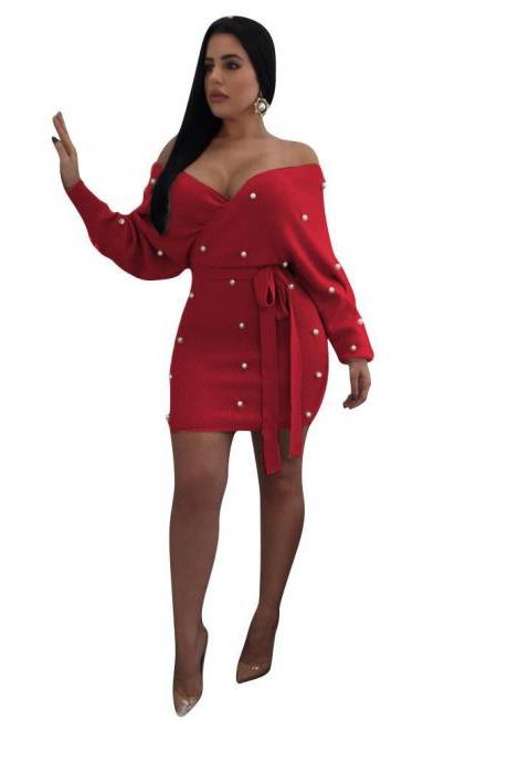 Women Bodycon Dress Pearls Off Shoulder Long Sleeve Backless Wrap Mini Club Party Dress red