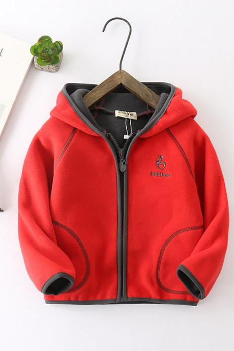 Kids Boys Girls Fleece Coat Long Sleeve Hooded Zipper Casual Warm Polar Fleece Jacket red