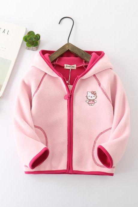 Kids Boys Girls Fleece Coat Long Sleeve Hooded Zipper Casual Warm Polar Fleece Jacket Pink