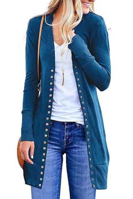 Women Knitted Cardigan V Neck Button Long Sleeve Autumn Casual Slim Sweater Coat blue