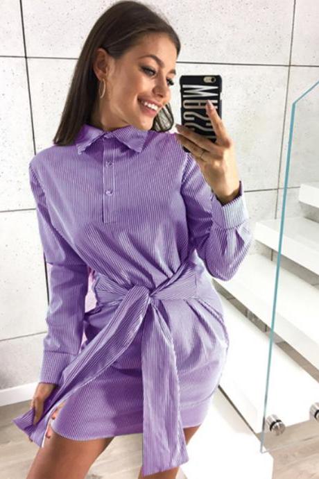 Women Striped Shirt Dress Tie Waist Long Sleeve Casual Slim Plus Size Mini Club Party Dress purple
