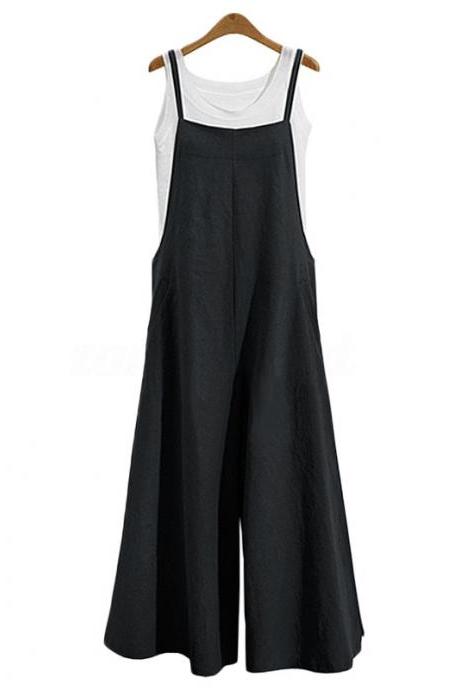 Women Wide Leg Jumpsuit Casual Loose Plus Size Strappy Pockets Long Overalls Pants Rompers Black