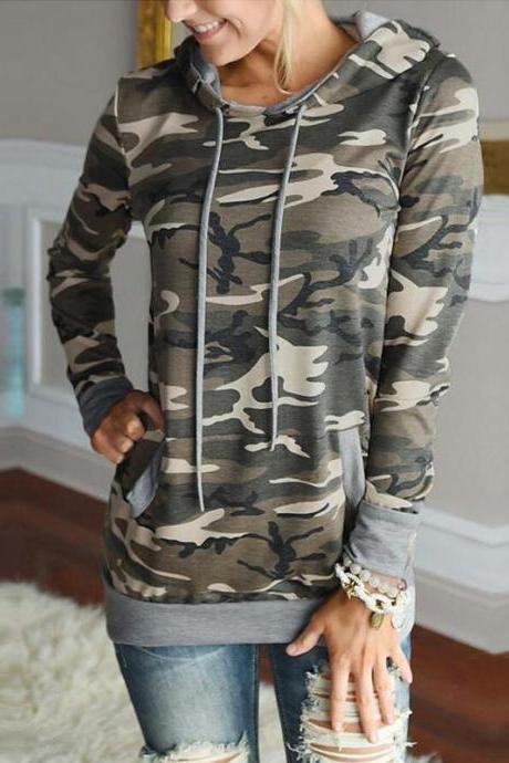 Women Floral Printed Hoodie Autumn Casual Pocket Long Sleeve Hooded Slim Sweatshirts 0950-Camouflage