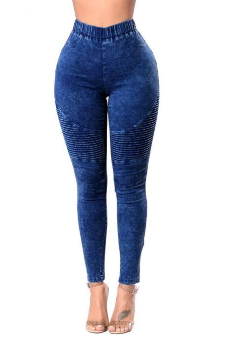 Women Denim Pencil Pants High Waist Stretch Skinny Casual Slim Jeans Trousers dark blue