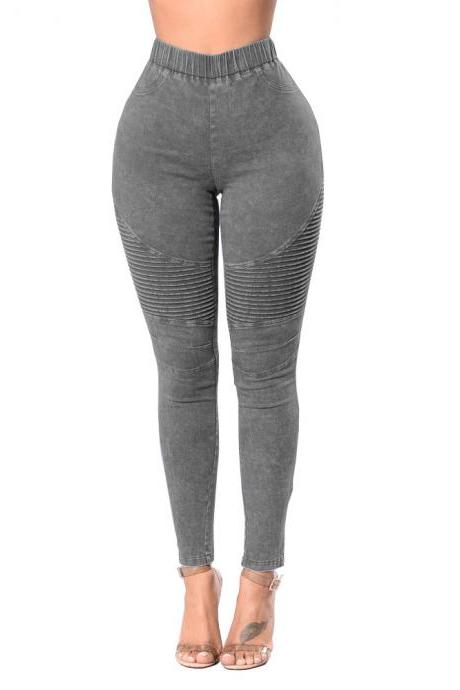 Women Denim Pencil Pants High Waist Stretch Skinny Casual Slim Jeans Trousers gray