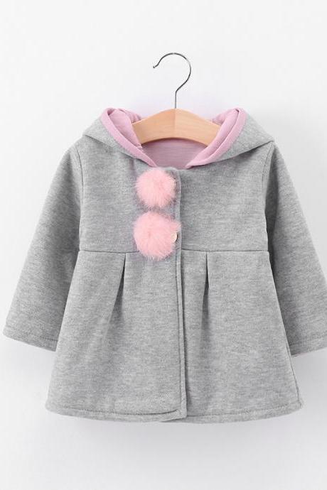 Cute Rabbit Ear Hooded Baby Girls Coat Long Sleeve Kids Children Warm Casual Jacket Outerwear gray