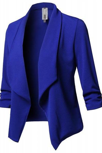  Women Suit Coat Casual Long Sleeve Autumn Work Office Business Slim Basic Long Blazer Jacket Outerwear royal blue