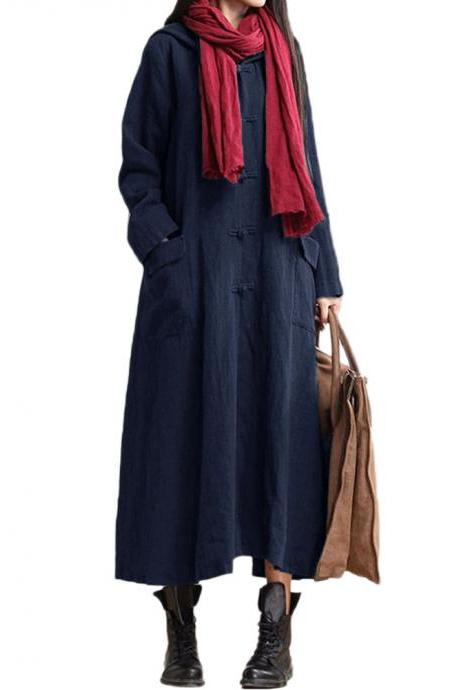 Autumn Women Maxi Dress Loose V Neck Long Sleeve Hooded Cotton Linen Plus Size Casual Long Dress navy blue