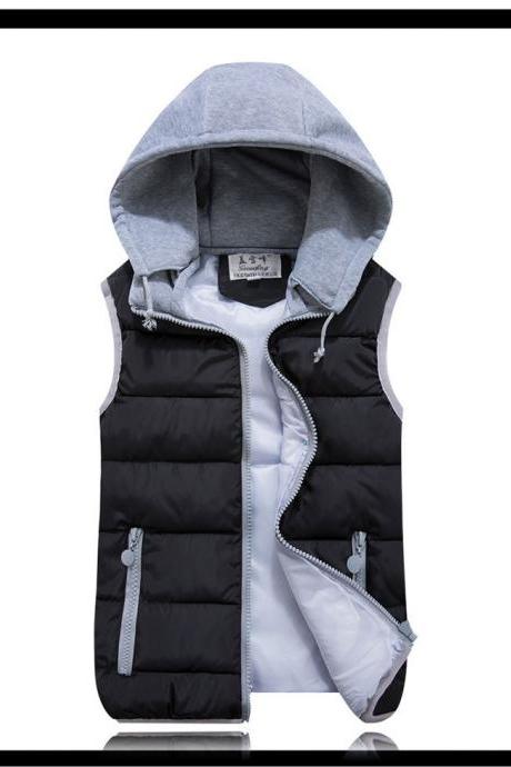 Kids Girls Boys Down Cotton Waistcoat Zipper Winter Warm Thicken Vest Hooded Children Sleevess Coat Jacket black