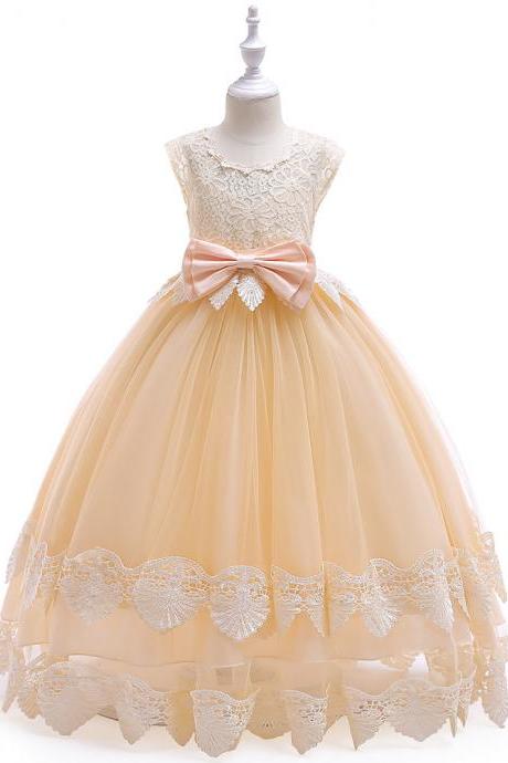 Long Flower Girl Dress Lace Cap Sleeve Princess Teens Wedding Formal Party Tutu Gown Children Clothes Champagne