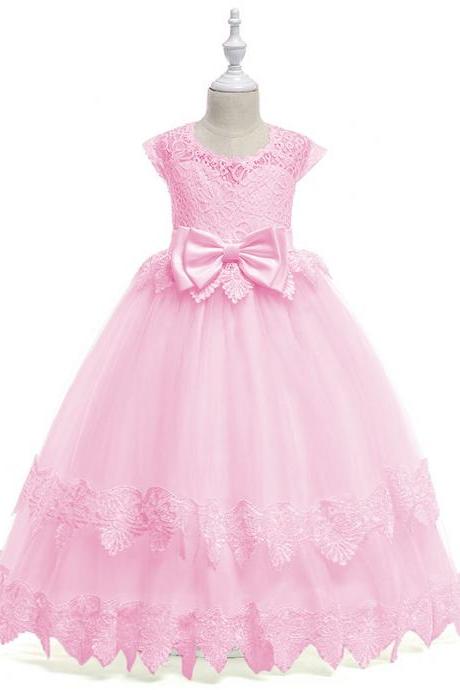 Long Flower Girl Dress Lace Cap Sleeve Princess Teens Wedding Formal Party Tutu Gown Children Clothes Pink