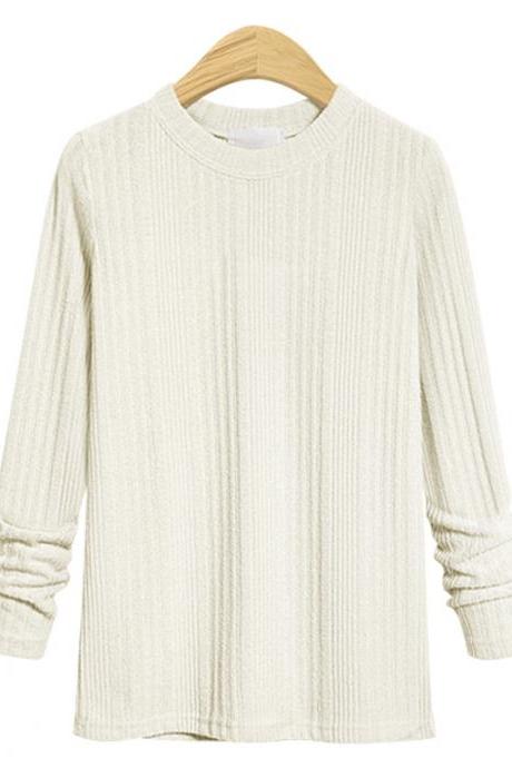  Plus Size Women Knitted Sweater Spring Autumn O Neck Long Sleeve Slim Pullover Tops off white