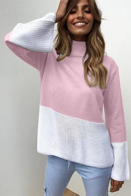 Women Knitted Sweater Autumn Winter Turtleneck Patchwork Casual Loose Long Flare Sleeve Pullover Tops pink