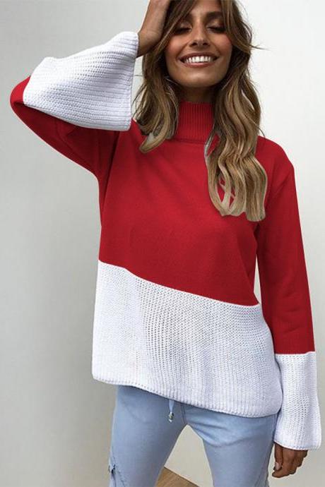 Women Knitted Sweater Autumn Winter Turtleneck Patchwork Casual Loose Long Flare Sleeve Pullover Tops red