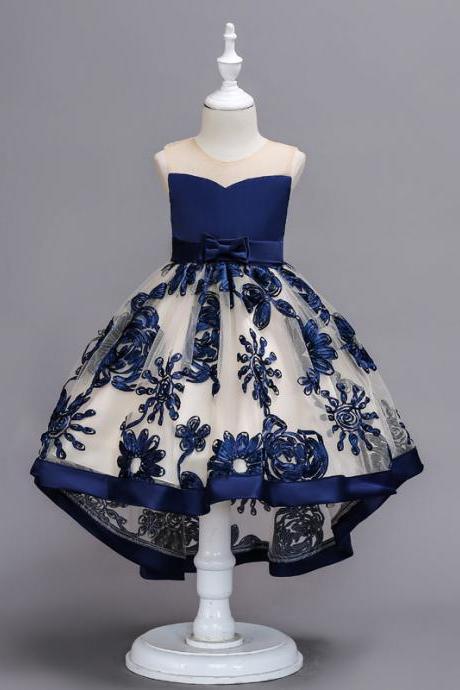 High Low Lace Flower Girl Dress Embroidery Trailing Formal Birthday Party Gown Children Clothes navy blue