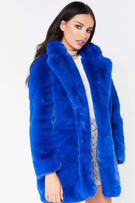 Women Faux Fur Coat Winter Long Sleeve Casual Warm Loose Open Stitch Jacket Cardigan Outwear blue