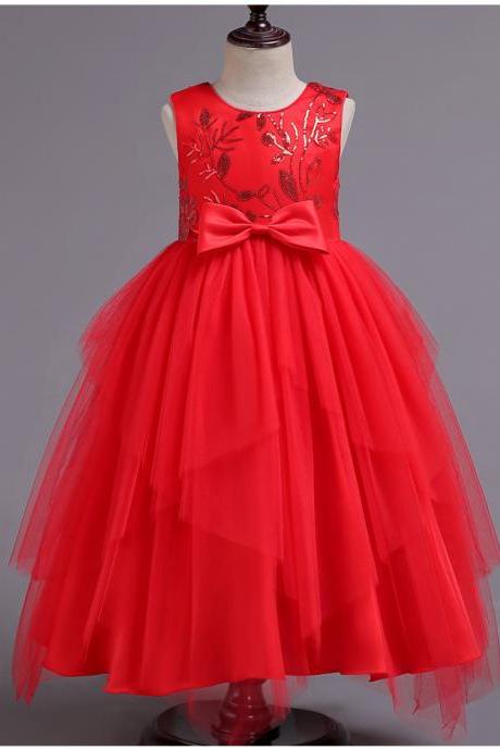  Asymmetrical Flower Girl Dress Sequin Princess Birthday Communion Party Gown Children Clothes red