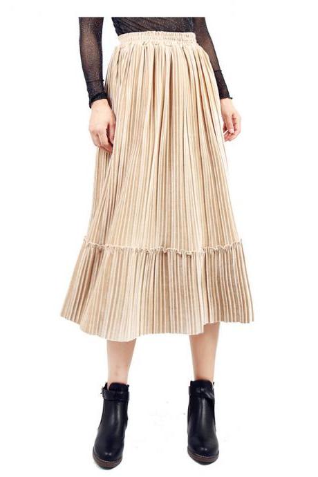 Women Velvet Pleated Skirt Autumn Winter Elastic High Waist Streetwear Below Knee Casual Midi Skirt apricot