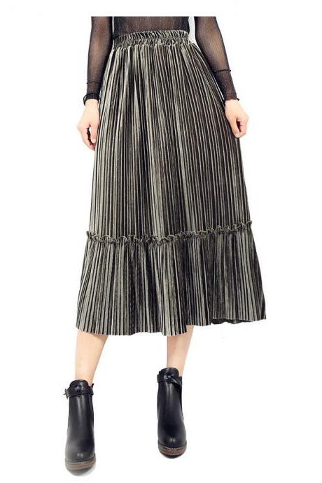Women Velvet Pleated Skirt Autumn Winter Elastic High Waist Streetwear Below Knee Casual Midi Skirt army green