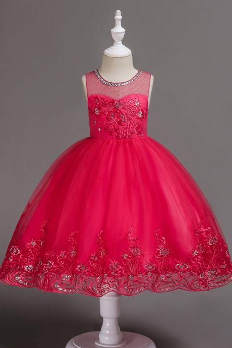  Embroidery Lace Flower Girl Dress Sleeveless Wedding Birthday Party Tutu Gown Children Clothes hot pink
