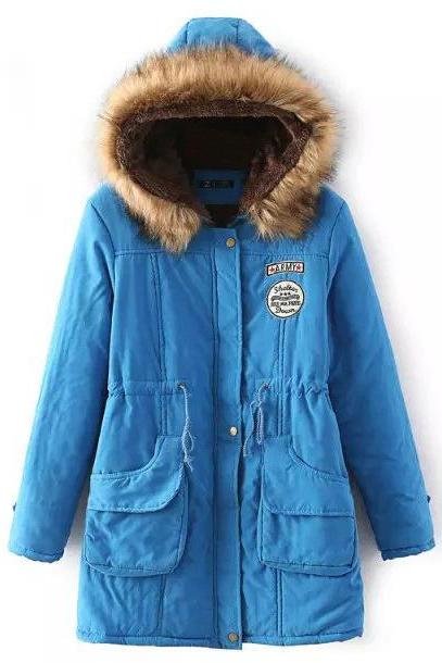  Winter Women Cotton Coat Parka Casual Military Hooded Thicken Warm Long Slim Female Jacket Outwear Lake Blue