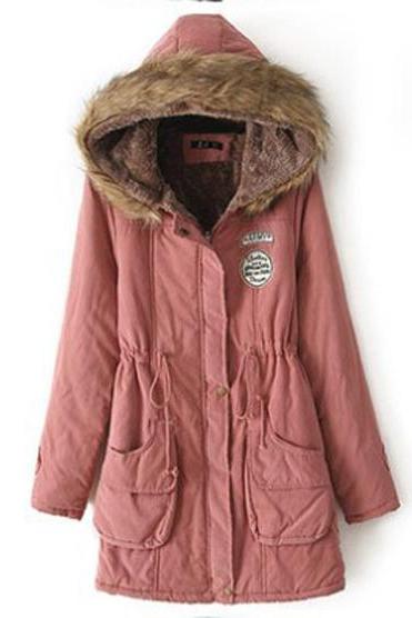  Winter Women Cotton Coat Parka Casual Military Hooded Thicken Warm Long Slim Female Jacket Outwear old pink