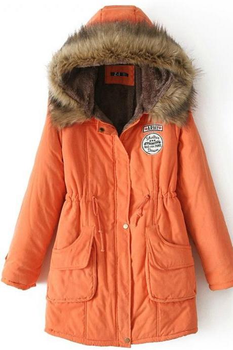 Winter Women Cotton Coat Parka Casual Military Hooded Thicken Warm Long Slim Female Jacket Outwear orange