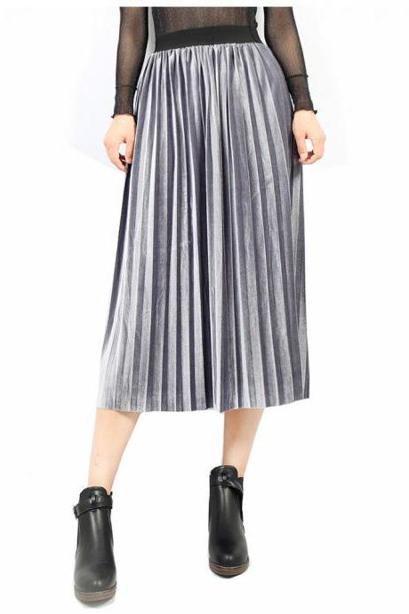  Women Velvet Pleated Skirt Autumn Winter Elastic High Waist Streetwear European Style Casual Midi Skirt gray