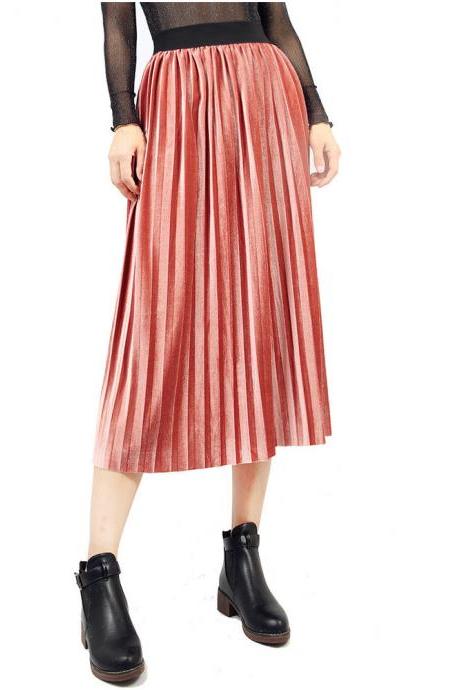 Women Velvet Pleated Skirt Autumn Winter Elastic High Waist Streetwear European Style Casual Midi Skirt Pink