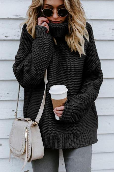 Women Knitted Sweater Autumn Winter Turtleneck Casual Loose Long Sleeve Warm Female Pullover Tops black