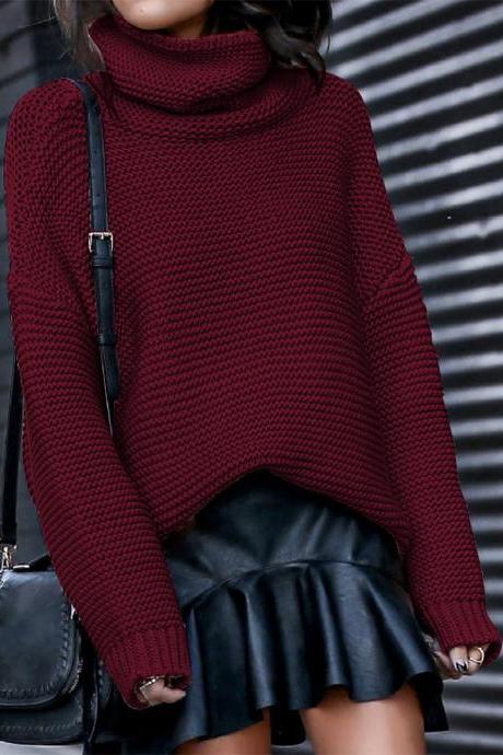  Women Knitted Sweater Autumn Winter Turtleneck Casual Loose Long Sleeve Warm Female Pullover Tops burgundy 