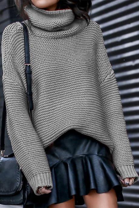  Women Knitted Sweater Autumn Winter Turtleneck Casual Loose Long Sleeve Warm Female Pullover Tops gray