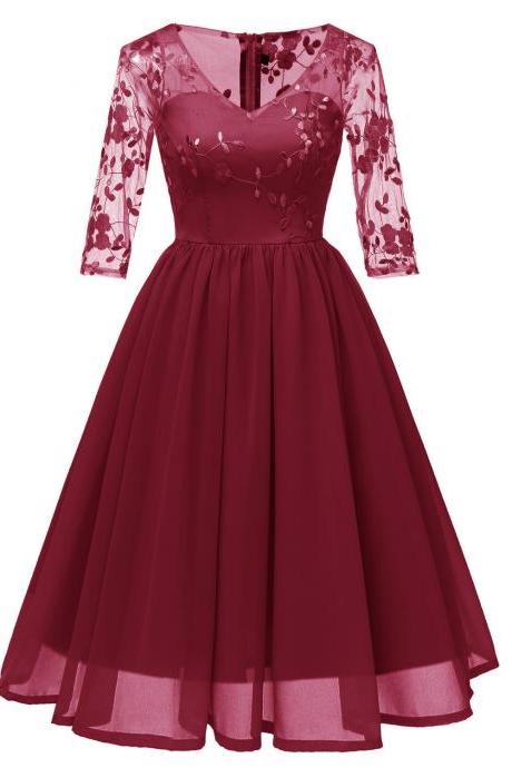 Embroidery Women Casual Dress V Neck 3/4 Sleeve Lace Slim A-line Work Office Party Dress Burgundy