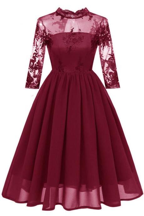 Embroidery Women Casual Dress Lace High Neck 3/4 Sleeve Hollow Out Slim A-line Work Office Party Dress Burgundy
