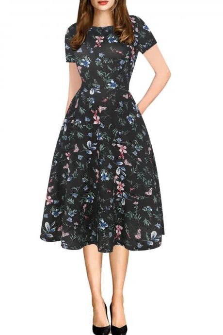 Women Floral Printed Slim Dress Vintage Short Sleeve Knee Length A-line Rockabilly Casual Party Dress 1#