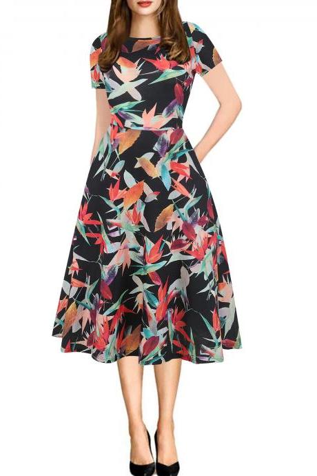 Women Floral Printed Slim Dress Vintage Short Sleeve Knee Length A-line Rockabilly Casual Party Dress 3#