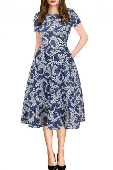 Women Floral Printed Slim Dress Vintage Short Sleeve Knee Length A-line Rockabilly Casual Party Dress 6#