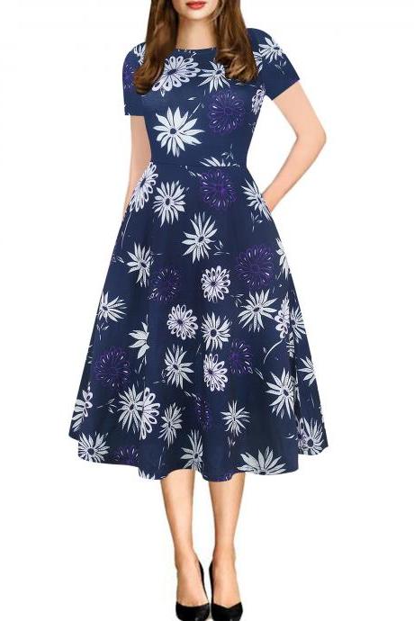 Women Floral Printed Slim Dress Vintage Short Sleeve Knee Length A-line Rockabilly Casual Party Dress 7#