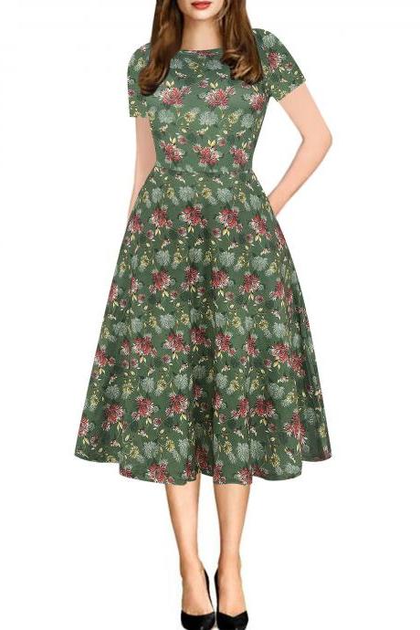 Women Floral Printed Slim Dress Vintage Short Sleeve Knee Length A-line Rockabilly Casual Party Dress 8#