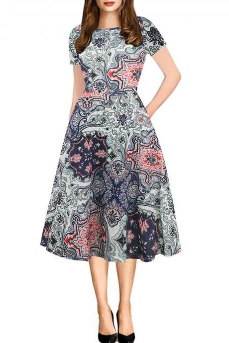 Women Floral Printed Slim Dress Vintage Short Sleeve Knee Length A-line Rockabilly Casual Party Dress 9#
