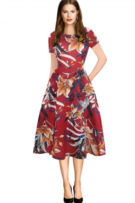 Women Floral Printed Slim Dress Vintage Short Sleeve Knee Length A-line Rockabilly Casual Party Dress 10#