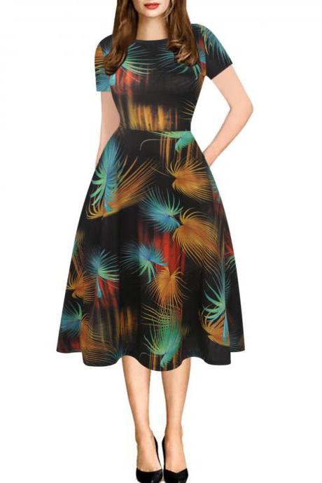 Women Floral Printed Slim Dress Vintage Short Sleeve Knee Length A-line Rockabilly Casual Party Dress 11#