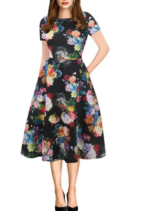 Women Floral Printed Slim Dress Vintage Short Sleeve Knee Length A-line Rockabilly Casual Party Dress 12#