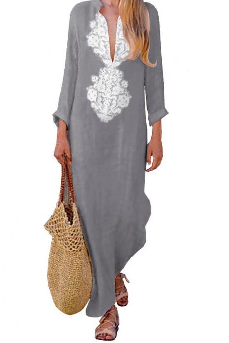 Women Maxi Dress Autumn V Neck Long Sleeve Cotton Linen Asymmetrical Side Split Casual Long Dress gray