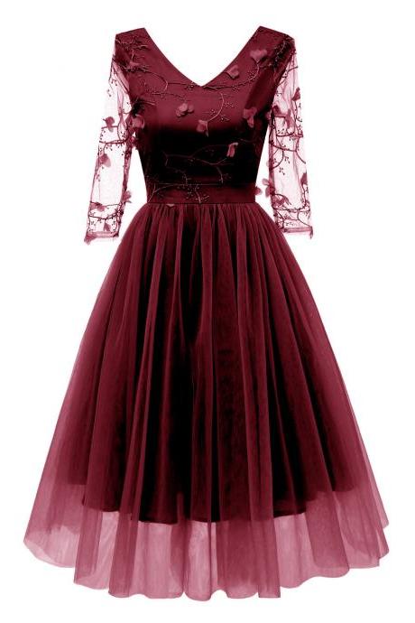 Women Casual Dress 3d Floral Embroidery Lace V Neck 3/4 Sleeve A Line Formal Evening Party Dress Burgundy