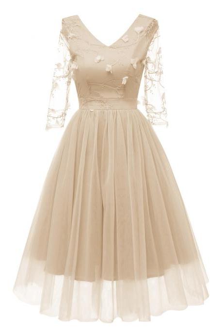 Women Casual Dress 3d Floral Embroidery Lace V Neck 3/4 Sleeve A Line Formal Evening Party Dress Champagne
